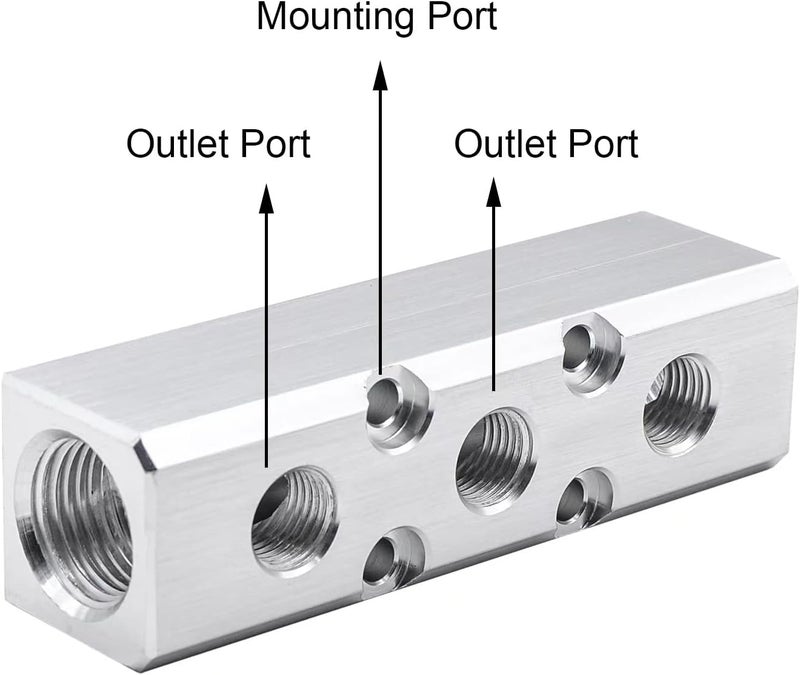 MARSTEK Air Manifold, 2 Way 4 Port Air Compressor Manifold, Aluminum Air Hose Inline Manifold Block Splitter, Pneumatic Manifold Air Distribution Block, NPT 1/2 Inch Supply Port, NPT 1/4 Inch Output Port - Image 3